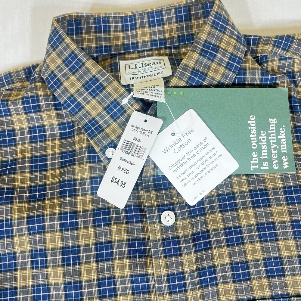 LL Bean Shirt Plaid Blue Tan Cotton Mens M Regular 502253 - Picture 4 of 9